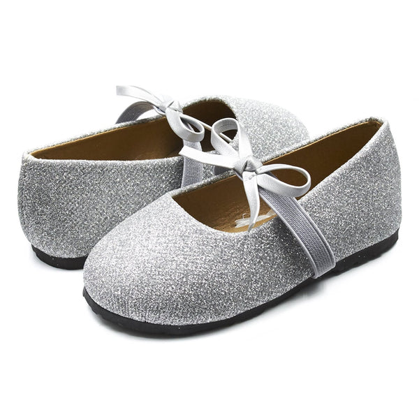 Sara Z Kids Toddlers Girls Glitter Ballet Flat Slip On Shoes With Elastic Strap and Bow Silver Size 5/6