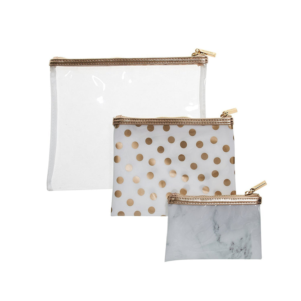 Cosmopolitan 3 Piece Cosmetic Bag Set, Portable Travel Toiletry Pouch Makeup Clutch Bag for Women (Clear Gold)