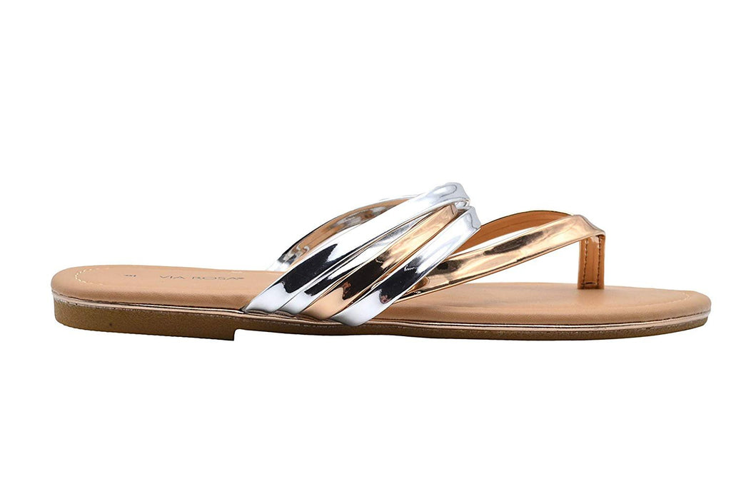 Via Rosa Ladies Fashion Sandals Strappy Metallic Slip On Thong Flats with Metallic Midsole