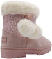 bebe Girlsâ€™ Big Kid Slip On Mid Calf Warm Microsuede Winter Boots with Printed Shaft, Faux Fur Cuff and Pom Poms