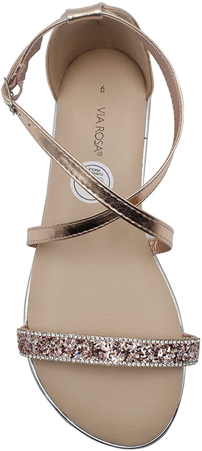 Via Rosa Women’s Metallic Rhinestone Strap Sandal with Criss Cross Ankle Straps - Open Toe Fashion Bling Summer Flat Shoe