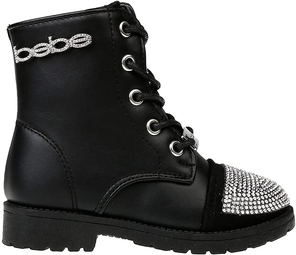 bebe Toddler Girlsâ€™ Waterproof Outdoor Combat Boots for Toddler/Girls Studded with Rhinestones Lace-Up Side Zipper Mid Calf Boots