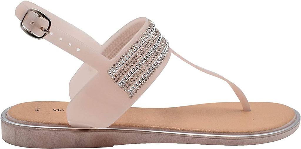 Via Rosa Womenâ€™s PCU T-Strap Thong Sandal with Rhinestones, Metallic Chain and Adjustable Back Strap - Fashion Bling Summer Shoes