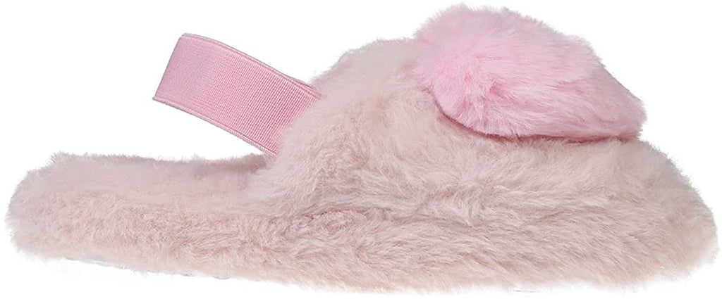 Kensie Girl's Warm Faux Fur Slipper With Elastic Back And Heart Pom Pom Fluffy Slippers For  Girls