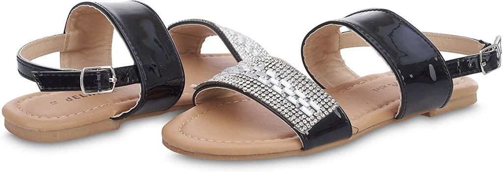 dELiAs Girls Big Kid Mirror Metallic Rhinestone Strap Sandal with Adjustable Back Strap - Fashion Summer Bling Shoes