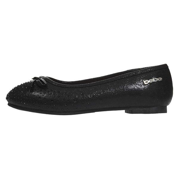 bebe Girls Ballet Flats Round Toe Microsuede Perforated Laser Cut with Bow and Rhinestones Slip-On Shoes Flexible PU Leather